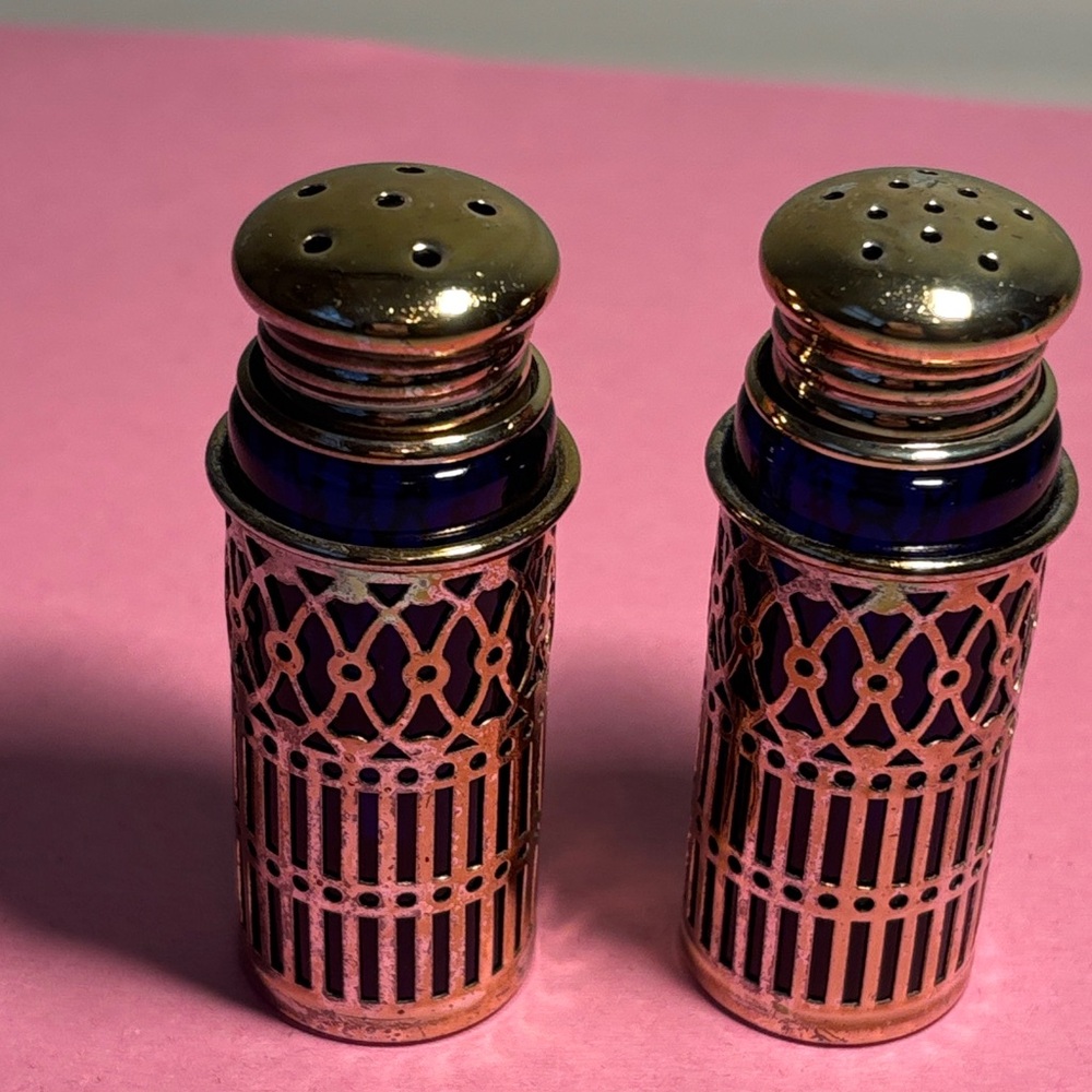 Vintage Cobalt Blue Glass Salt and Pepper Shakers within Filigree Sleeves